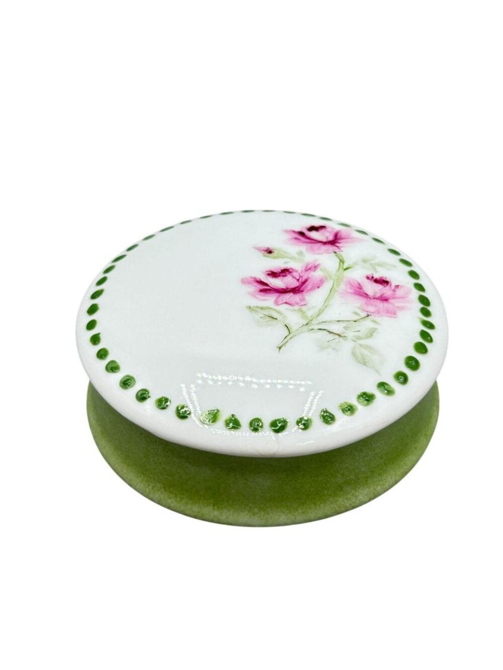 Vintage Hand Painted Trinket Box Porcelain Green And Floral Roses Design Signed